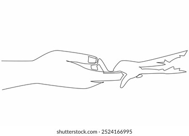 Single one line drawing monkey hand holding human index finger. Humans have the ability to care and protect the natural world. Preserve. World Wildlife Day. Continuous line design graphic illustration