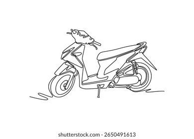 Uma única linha desenhando scooter ciclomotor estacionado na rua da cidade. Transportes urbanos ecológicos. Motocicleta moderna para a mobilidade diária dos cidadãos. Ilustração de vetor gráfico de design de desenho de linha contínua