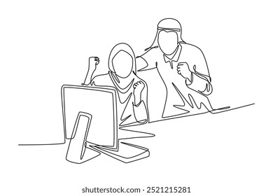 Single one line drawing Moslem male and female marketer celebrate increasing product sales. Happy Arabian business couple raise hand together. Continuous line draw design graphic vector illustration