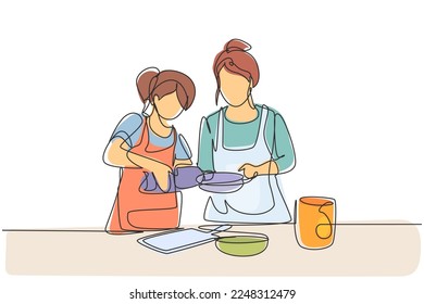 Single one line drawing mother and daughter pour oil into pan which is being held by one of them. Cooking preparation in cozy kitchen at home. Continuous line draw design graphic vector illustration