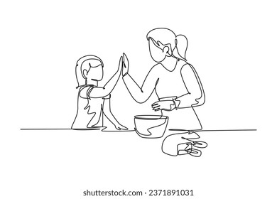 Single one line drawing of mother and daughter preparing to cook some cookies at kitchen and giving high five gesture. Parenting concept. Modern continuous line draw design graphic vector illustration