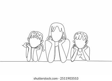 Single one line drawing mother flanked by daughter and son lying down holding chin. Posing in front of the camera. Selfie. National Single Parent Day. Continuous line design graphic illustration