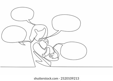 Single one line drawing the mother holding child and all around are callouts. The constant communication. Nurturing. International Mother Language Day. Continuous line design graphic illustration