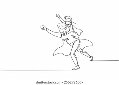 Single one line drawing mother carries her daughter on her back and poses as if she wants to fly. Will eradicate germs in the house. Autism Super Mom Day. Continuous line design graphic illustration