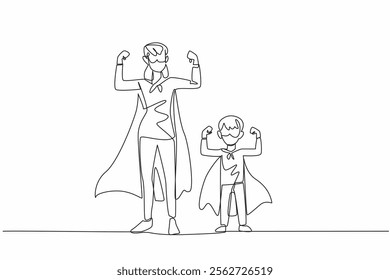 Single one line drawing a mother and a boy raise both hands showing off their arm muscles. Services of mother exceed superheroes. Autism Super Mom Day. Continuous line design graphic illustration