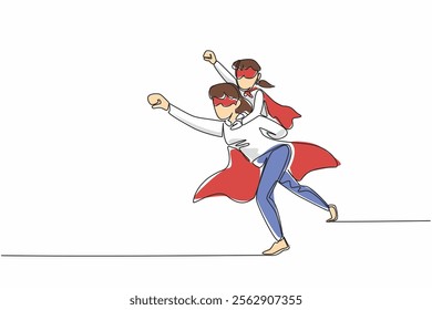 Single one line drawing mother carries her daughter on her back and poses as if she wants to fly. Will eradicate germs in the house. Autism Super Mom Day. Continuous line design graphic illustration