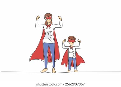 Single one line drawing a mother and a boy raise both hands showing off their arm muscles. Services of mother exceed superheroes. Autism Super Mom Day. Continuous line design graphic illustration