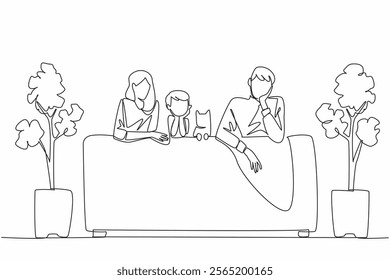 Single one line drawing mother and father, a son and a cat sitting on the sofa, their backs to the sofa. Uniqueness of the family. National Pet Parents Day. Continuous line design graphic illustration