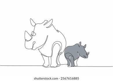 Single one line drawing mother rhino and baby rhino standing side by side and looking to the side. Observing the green safari. Habitat. Save the Rhino Day. Continuous line design graphic illustration