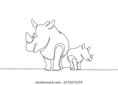 Single one line drawing mother rhino and baby rhino standing side by side and looking to the side. Observing the green safari. Habitat. Save the Rhino Day. Continuous line design graphic illustration