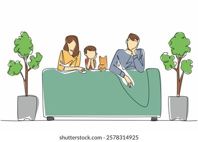 Single one line drawing mother and father, a son and a cat sitting on the sofa, their backs to the sofa. Uniqueness of the family. National Pet Parents Day. Continuous line design graphic illustration