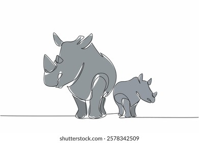 Single one line drawing mother rhino and baby rhino standing side by side and looking to the side. Observing the green safari. Habitat. Save the Rhino Day. Continuous line design graphic illustration