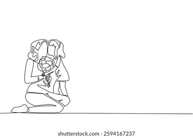 Single one line drawing a mother sitting on the floor and holding a bouquet of flowers with daughter kissing cheek. Celebrating together. Day of Mother. Continuous line design graphic illustration