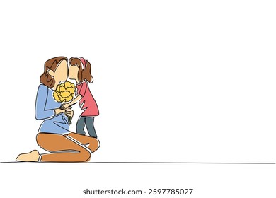 Single one line drawing a mother sitting on the floor and holding a bouquet of flowers with daughter kissing cheek. Celebrating together. Day of Mother. Continuous line design graphic illustration