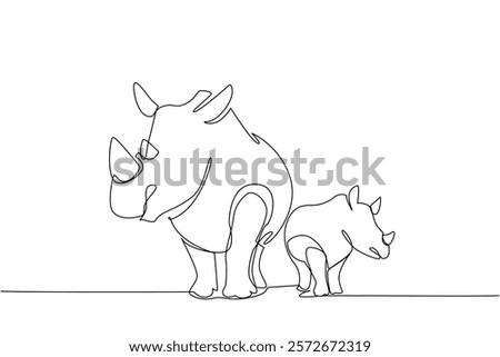 Single one line drawing mother rhino and baby rhino standing side by side and looking to the side. Observing the green safari. Habitat. Save the Rhino Day. Continuous line design graphic illustration