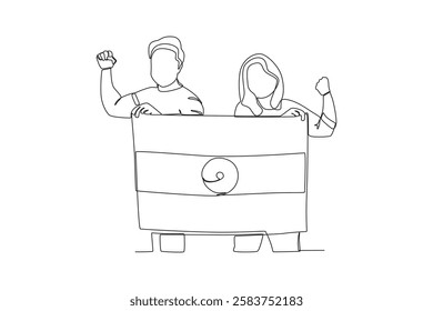 Single one line drawing motivation independence day Indian man and woman holding indian flag. Continuous line design vector illustration
