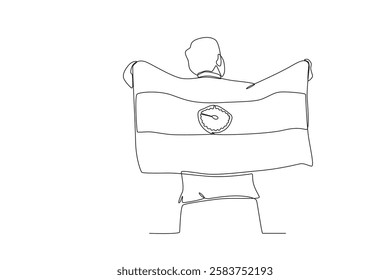  Single one line drawing motivation independence day An indian man waving an indian flag. Continuous line design vector illustration

