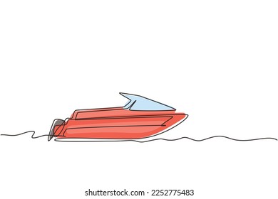 Single one line drawing motor boat or small boat with outboard motor. Sea or river ship, flat icon. Sea and river vehicles. Water transport. Continuous line draw design graphic vector illustration