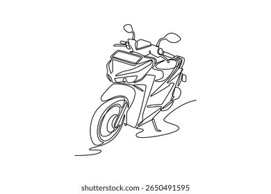 Uma única linha de desenho motor scooter ciclomotor na rua da cidade ao ar livre. Mobilidade em duas rodas motocicleta no estilo de vida urbano moderno cidadão. Desenho de linha contínua moderna desenho gráfico vetor ilustração
