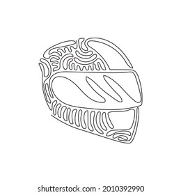 Single one line drawing motorcycle sport helmet. Racer helmet logo. Motorsport car kart racing transportation safety concept. Swirl curl style. Continuous line draw design graphic vector illustration