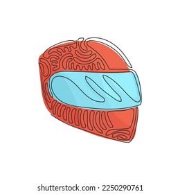 Single one line drawing motorcycle sport helmet. Racer helmet logo. Motorsport car kart racing transportation safety concept. Swirl curl style. Continuous line draw design graphic vector illustration