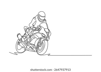 Einzeiliger Motorradrennfahrer, der die Kurve auf der Rennstrecke auf der internationalen Rennstrecke betritt. Super Motorrad Rennen Wettbewerb. Moderne durchgehende Linie zeichnen Design grafische Vektorgrafik