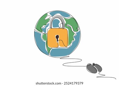 Single one line drawing a mouse connected to a globe with a padlock in the middle. Global security, data protection. Secure. Safety. Safer Internet Day. Continuous line design graphic illustration - Powered by Shutterstock - Get 15% off with code: PIKWIZARD15
