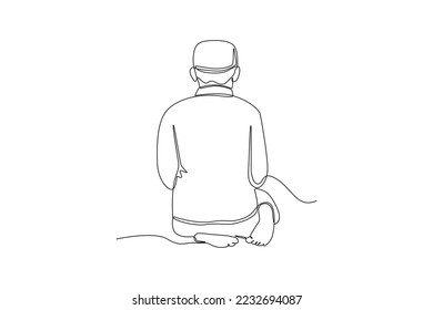 Single one line drawing  the movement of praying sitting between two prostrations. Prayer movement concept for muslims. Continuous line draw design graphic vector illustration.