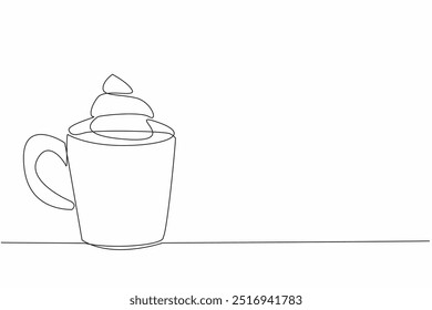 Uma única caneca de desenho linha com bebida de chocolate e chantilly.  Paz de espírito e coração. Alivia o estresse. Relaxe mais. Dia Nacional do Chocolate Quente. Ilustração gráfica de design de linha contínua