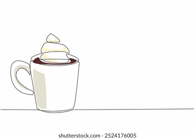 Single one line drawing mug with chocolate drink and whipped cream.  Peace of mind and heart. Relieve stress. Relax longer. National Hot Chocolate Day. Continuous line design graphic illustration