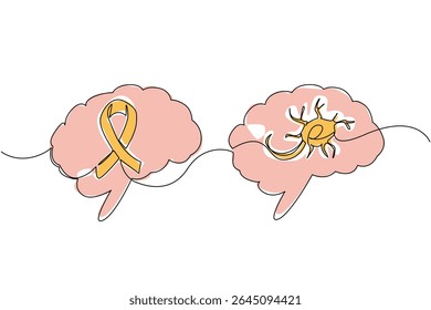 Uma única linha desenhando nervos de esclerose múltipla no cérebro esquerdo e fitas de campanha no cérebro direito. Paralisia cerebral. Doença. Dia Mundial da Esclerose Múltipla. Ilustração gráfica de design de linha contínua