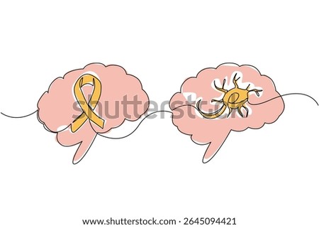 Single one line drawing multiple sclerosis nerves in left brain and campaign ribbons in right brain. Cerebral palsy. Disease. World Multiple Sclerosis Day. Continuous line design graphic illustration