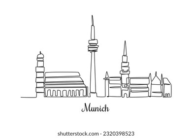 Single one line drawing Munich city skyline. City concept. Continuous line draw design graphic vector illustration.