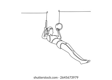 Uma única linha desenhando ginasta feminina musculosa exercitando-se em anéis de ginástica no moderno clube de saúde. Jovem atleta faz acrobacias no ginásio. Ilustração de vetor gráfico de design de desenho de linha contínua