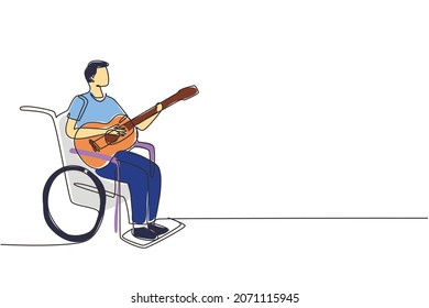 Single one line drawing musician man sit wheelchair with acoustic guitar play music, sing song. Physically disabled. Rehabilitation center patient. Continuous line draw design vector illustration