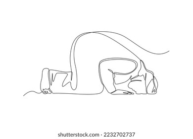 Single one line drawing muslim man praying on sujud bow down gesture. Prayer movement concept. Continuous line draw design graphic vector illustration.