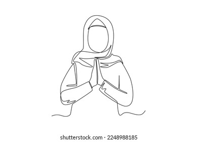 Single one line drawing muslim woman celebrate islamic event with gesture poses for welcoming Ramadan. Ramadan Concept. Continuous line draw design graphic vector illustration.