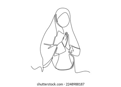 Una sola línea dibujando a una musulmana celebrando el evento islámico con poses de gesto para dar la bienvenida al Ramadán. Concepto de Ramadán. Ilustración gráfica de vector de diseño de línea continua.