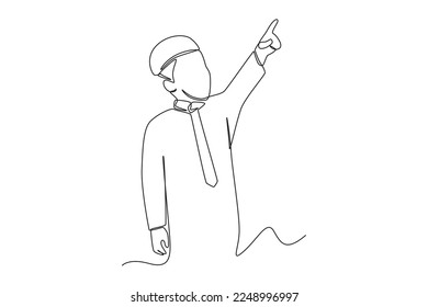 Single one line drawing Muslim kids pointing to crescent moon. Ramadan Concept. Continuous line draw design graphic vector illustration.