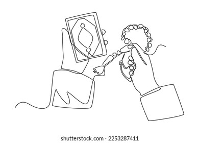 Single one line drawing muslim holding prayer beads and Quran. Ramadan activity Concept. Continuous line draw design graphic vector illustration.