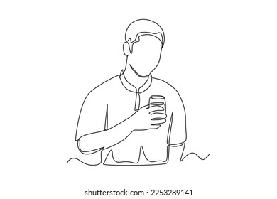 Single one line drawing muslim man breaking fast with drinking water. Ramadan activity Concept. Continuous line draw design graphic vector illustration.