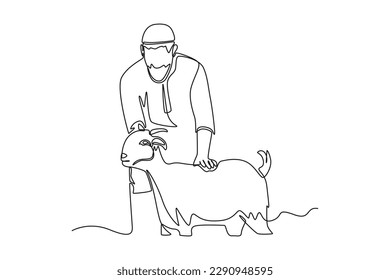 Single one line drawing muslim boy bring a goat for sacrifice. Happy Eid Al Adha. Continuous line draw design graphic vector illustration.