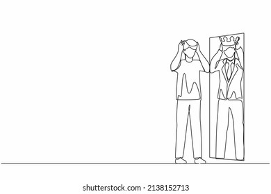 Single one line drawing narcissistic businessman looking at mirror and seeing in reflection of himself with crown on his head. Person overestimate, self confidence. Continuous line draw design vector