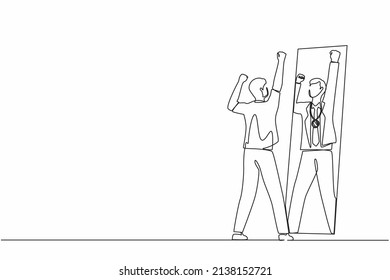 Single one line drawing narcissistic businessman looking at mirror and seeing in reflection of himself with gold medal, person overestimate himself, self confidence. Continuous draw line design vector