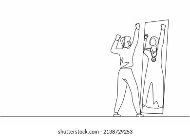 Single one line drawing narcissistic Arabian businesswoman looking at mirror, seeing in reflection of herself with gold medal, self confidence. Continuous line draw design graphic vector illustration