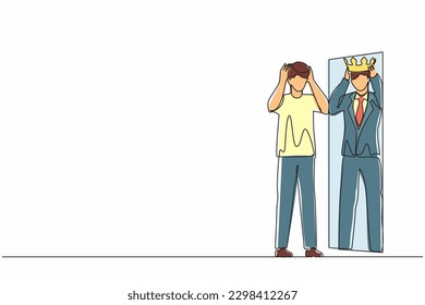 Single one line drawing narcissistic businessman looking at mirror   seeing in reflection himself and crown his head  Person overestimate  self confidence  Continuous line draw design vector