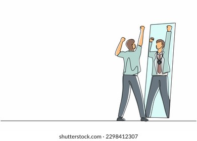 Single one line drawing narcissistic businessman looking at mirror   seeing in reflection himself and gold medal  person overestimate himself  self confidence  Continuous draw line design vector