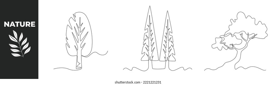 Single one line drawing nature set concept. Leaf and lush tree. Continuous line draw design graphic vector illustration.