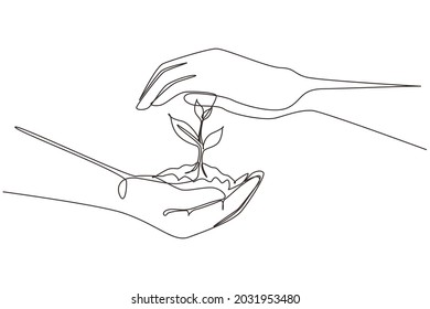 Single one line drawing new life in young hands on white background. Female hand holding tree on nature field grass Forest conservation concept. Continuous line draw design graphic vector illustration