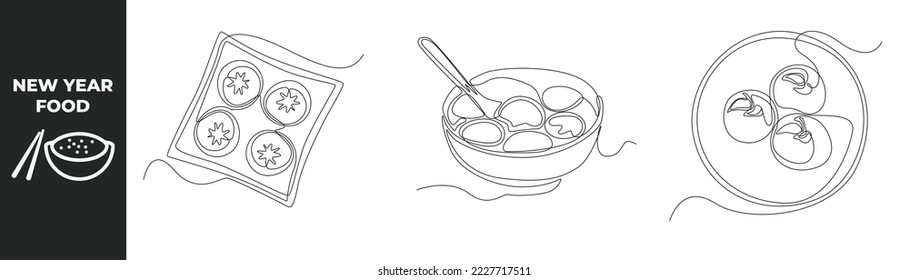 Single one line drawing new year food set concept. Various cakes for new year food and rice balls in porcelain bowl. Continuous line draw design graphic vector illustration. 